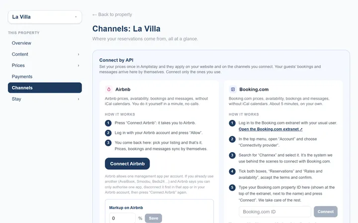 Airbnb and Booking.com connected by API: prices, bookings and messages in one place, plus a per-channel markup if you need it