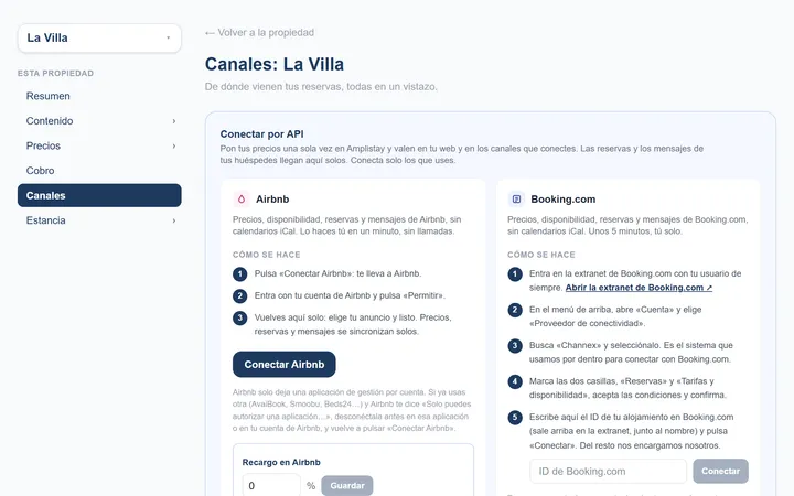 «Tus canales» en el panel: Airbnb conectado, añadir un canal y los enlaces para exportar