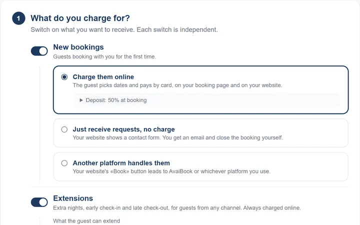 “What do you charge for?”: new bookings (charge them, requests only, or another platform) and extensions, separately
