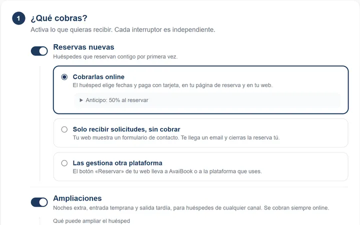 «¿Qué cobras?»: reservas nuevas (cobrarlas, solo solicitudes u otra plataforma) y ampliaciones, por separado