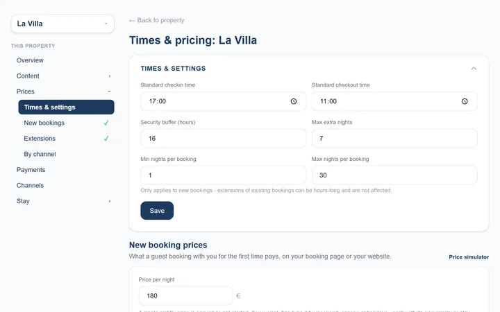 Your prices once: seasons, holidays, long-stay discounts, extensions and a price per channel