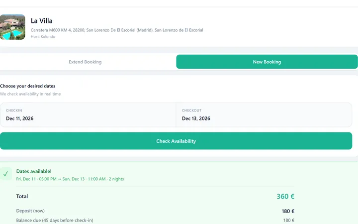 Your website's booking page: the guest picks dates, sees the total and pays the deposit
