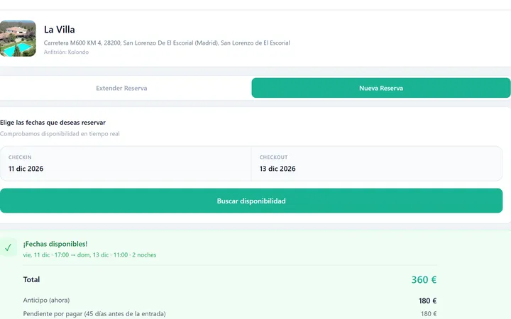 La página de reserva de tu web: el huésped elige fechas, ve el total y paga