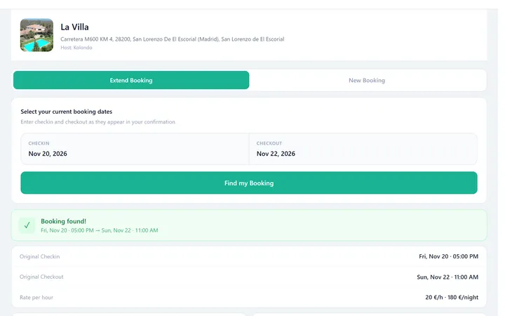 Extend a stay: the guest finds their booking and buys extra hours or nights, checked against your calendar