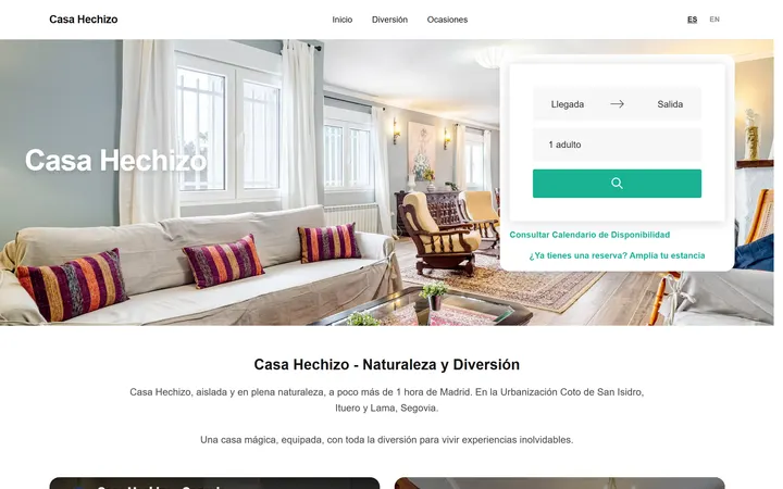 Casa Hechizo, otra web de Amplistay, con su buscador y el enlace para ampliar la estancia